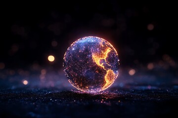 Glowing wireframe sphere with digital light reflections floating in space 