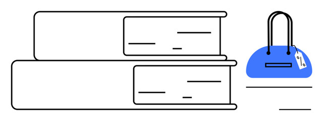 Stack of three books placed horizontally, accompanied by a blue handbag with a tag. Ideal for education, literature, fashion, retail, modern art, simplicity and minimalism themes. Line metaphor