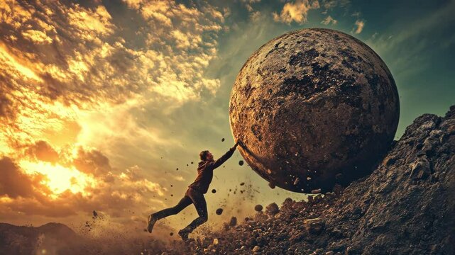 A man struggles to push a large sphere against a dramatic sunset.