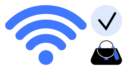 wireless signal signifying connectivity, checkmark indicating security, and shopping bag representing e-commerce. Ideal for online shopping, internet security, digital transactions, technology