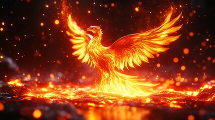 Fototapeta premium A fiery phoenix rises from molten lava, embodying rebirth and strength in a stunning display of vibrant colors and dynamic motion.