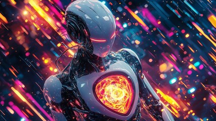 Futuristic humanoid robot with glowing fiery core surrounded by vibrant neon streaks, symbolizing advanced technology, energy, and innovation in a sci-fi setting.