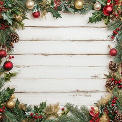 A festive Christmas frame made of holly leaves, pine branches, red and gold ornaments, and pine cones on a rustic wooden background. Christmas texture background.