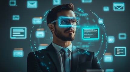 Business professional wearing futuristic smart glasses with holographic interfaces, representing AI-driven virtual assistant technology for enhanced productivity