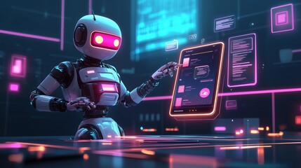AI-powered robot optimizing user experience design on a futuristic digital interface, analyzing layouts and prototypes with vibrant neon accents in a creative workspace.