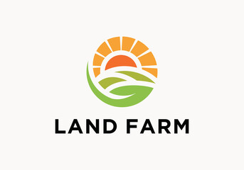 landscape with sun and leaves logo in circle, creative agriculture design symbol template for farming and ranching