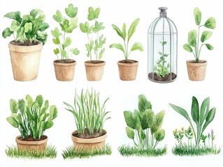 Obraz premium watercolor depicting a glass greenhouse or terrarium filled with vibrant thriving potted plants surrounded by a lush natural landscape of grass flowers and greenery