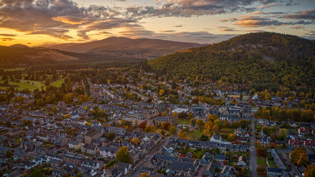 Aerial View of Ballater, Scotland, United Kingdom during Autumn Sunset