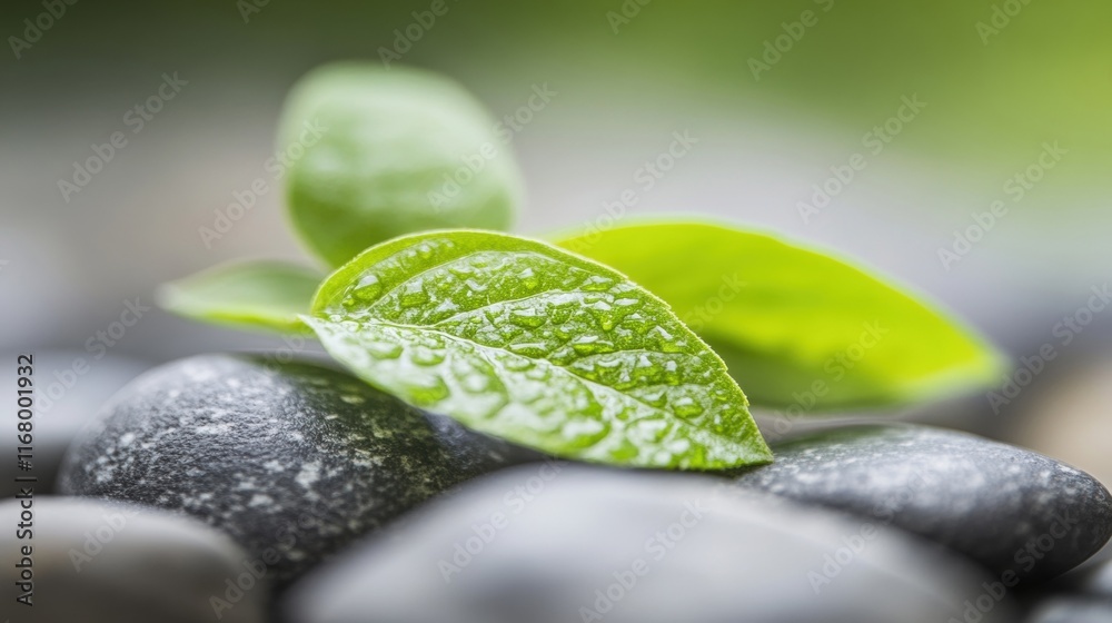 Poster Soft green leaves rest on smooth stones, symbolizing peace and the beauty of nature in a calming environment