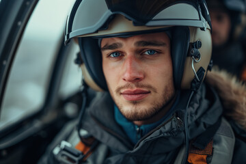 Young man in pilot helmet flying an aircraft