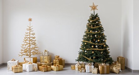 Gold theme Christmas tree on plain white background