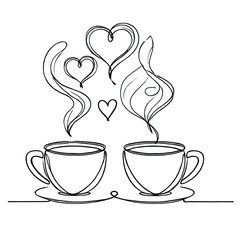 Minimalist line art of coffee cups with intertwined heart-shaped steam.