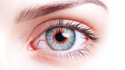 Close-up of a human eye with red veins and vibrant colors.