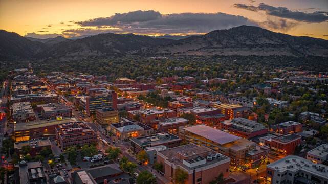 Aerial View of Downtown Boulder, Colorado at Sunset