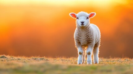 Obraz premium An adorable lamb enjoys the gentle glow of warm sunlight in a grassy field during sunset, creating a peaceful and serene atmosphere