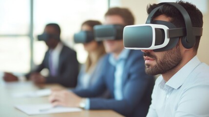 A team collaborates using virtual reality headsets during a meeting in a modern office overlooking the city, enhancing their brainstorming