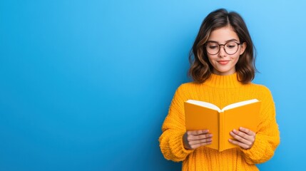 Young woman reading a book against a blue background.