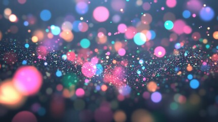 A vibrant display of colorful glitter bursts into an array of shimmering dots, creating a lively scene against a dark backdrop, evoking celebration