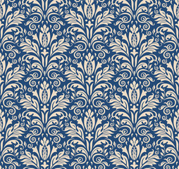 Floral pattern. Vintage wallpaper in the Baroque style. Seamless vector background. Golden and blue ornament for fabric, wallpaper, packaging. Ornate Damask flower ornament