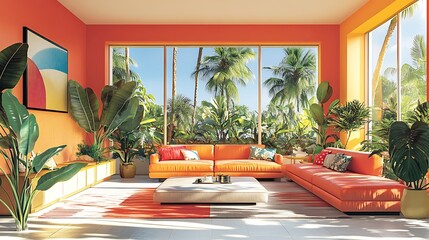 Relaxing tropical living room with lush plants bright colors indoor