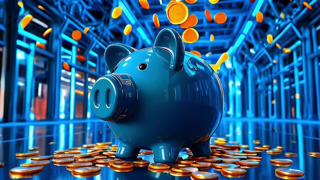 Blue piggy bank coins falling futuristic building.