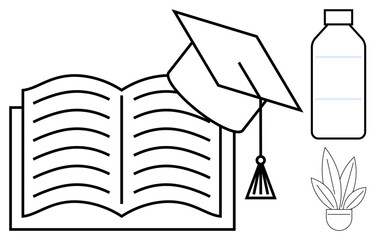 Open book with graduation cap resting on top, bottle of water, and potted plant. Ideal for education, learning, achievement, academic success, personal growth study motivation. Black and white