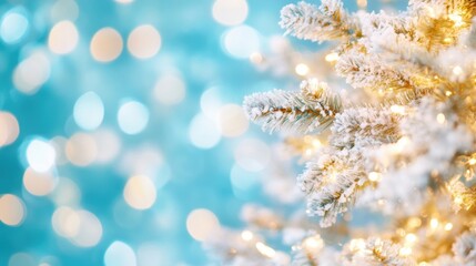 Snowy branches of a Christmas tree sparkle with warm lights, creating a cozy holiday atmosphere in a winter wonderland