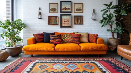 Wide angle of cozy modern living room with colorful sofa decor