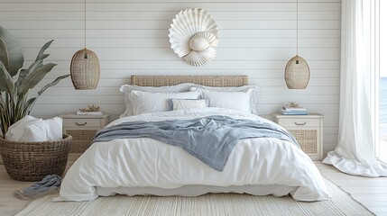 Cozy bedroom interior beach house photography serene aesthetic