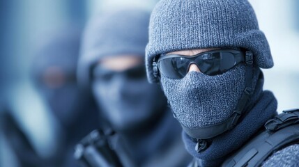 In a city environment, masked individuals conduct security patrols while equipped with firearms, highlighting their readiness and vigilance