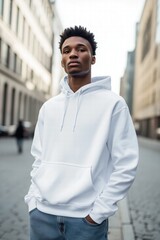 Obraz premium A young man stands confidently on a city street, wearing a white hoodie mockup and blue jeans. The urban backdrop features modern buildings and a clear sky, creating a stylish atmosphere. 