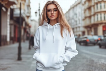 Obraz premium A stylish young woman in a white hoodie mockup stands confidently on a city street. She has long blonde hair and wears glasses, with a blurred urban background featuring buildings and cars. 