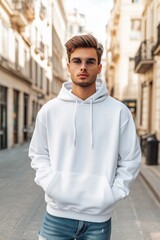 Fototapeta premium A young man wearing a white hoodie mockup and sunglasses stands confidently on a city street. The background features elegant buildings and a clear sky, creating a stylish urban vibe. 