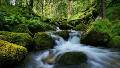 Obraz premium A tranquil mountain stream flowing through a moss-covered forest.