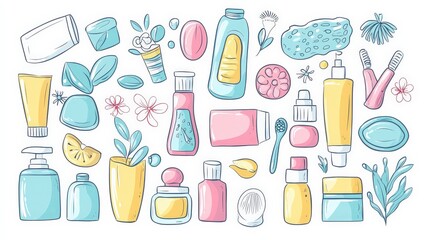 Fototapeta premium Doodle Style Skin Care Product Illustration Set on White Background
