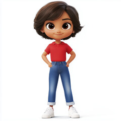 Cute women Cartoon illustration wearing red polo shirt standing isolated on white background