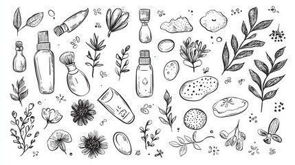 Doodle Style Skin Care Product Illustration Set on White Background