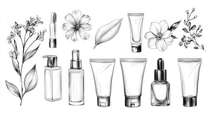 Doodle Style Skin Care Product Illustration Set on White Background