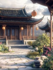 Fototapeta premium majestic Chinese palace with a sweeping roofline, intricate stone steps leading to the entrance,