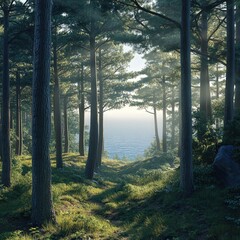 lush pine forest with a view of the vast sea beyond. The peaceful atmosphere is enhanced by the soft rays of sunlight filtering through the tall trees,