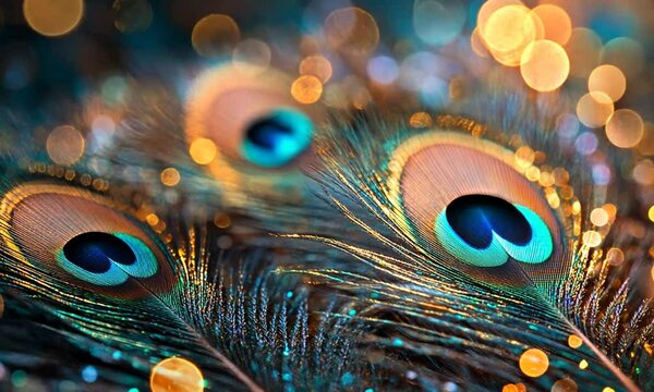 Peacock feathers with bokeh.