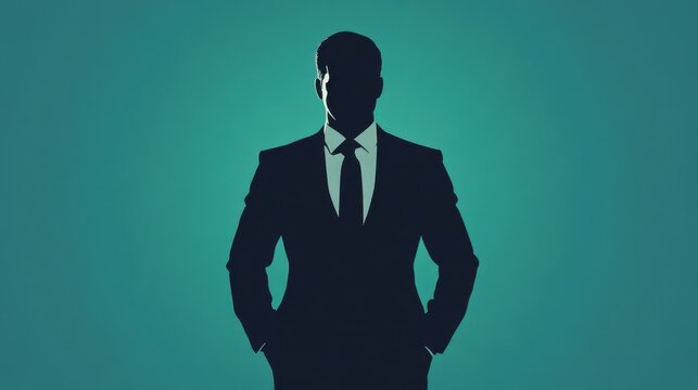 Business person in a suit standing with hands in his pockets against a minimalistic background