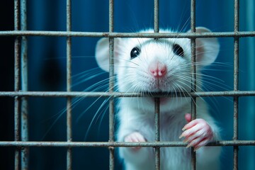 Obraz premium White rodent's face, paws, cage bars.