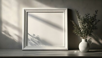 Plain white picture frame in clear glass in a minimalist setting, with soft shadows against a neutral background.