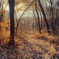 Fototapeta premium autumn forest where the golden sunlight filters through the canopy of trees.