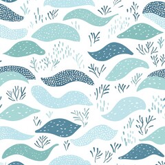 Winter boho pattern of icy calm waves, pastel blues and greens, isolated on white background