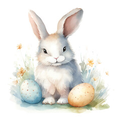 Cute watercolor Easter bunny with eggs. isolated vector on white background.