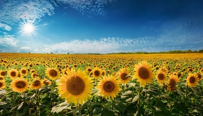 Fototapeta premium A vibrant photo of a field of sunflowers under a bright blue sky.