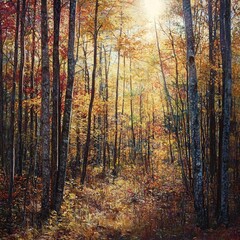 Obraz premium autumn forest where the sunlight breaks through the trees, illuminating the vibrant leaves in shades of gold and red.