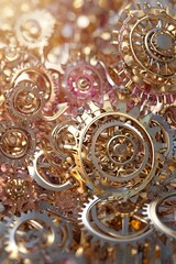 Obraz premium AI-inspired mechanical flowers with intricate metallic petals and gears in gold, silver, and pastel hues, creating a surreal and futuristic design.